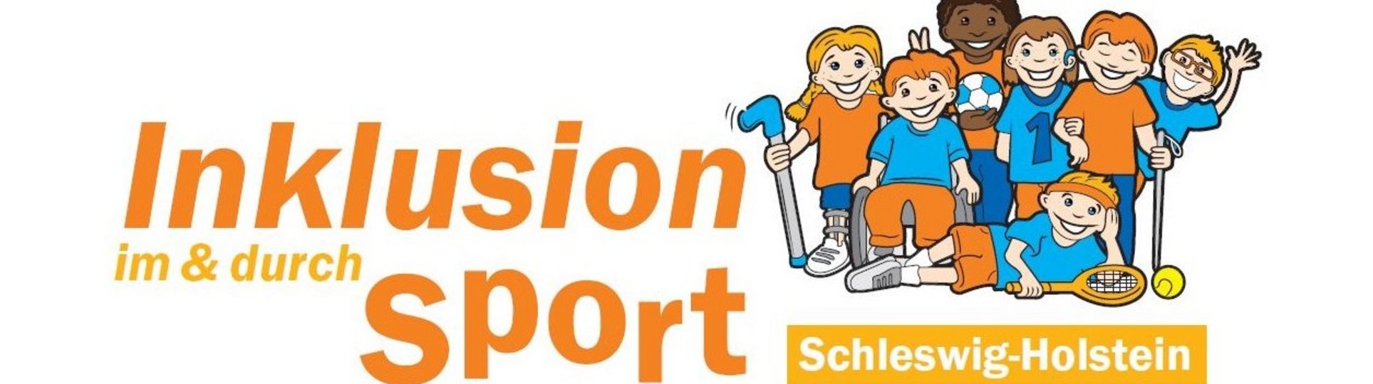 eine inklusive Sportgruppe neben dem Schriftzug Inklusion im und durch Sport in Schleswig-Holstein